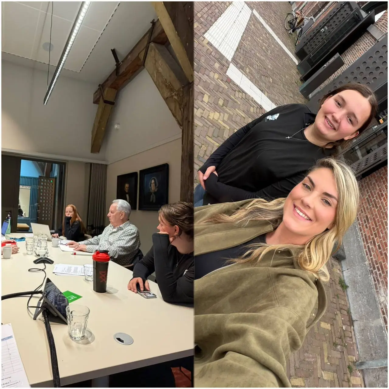 Links: Heidi en Jill aan de jurytafel in het gemeentehuis tijdens de beoordeling voor de Kees de Jager inclusieprijs. Rechts: Heidi en Jill samen op straat.