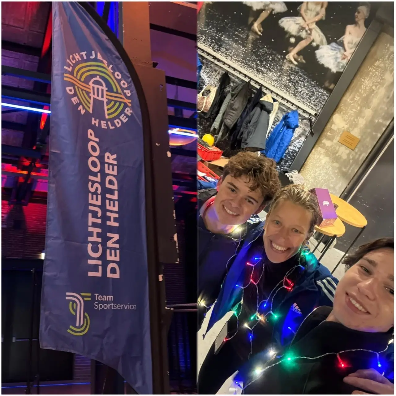 Vlag van de Lichtjesloop Den Helder naast een foto van JAR-leden met lichtjesslingers om hun nek.